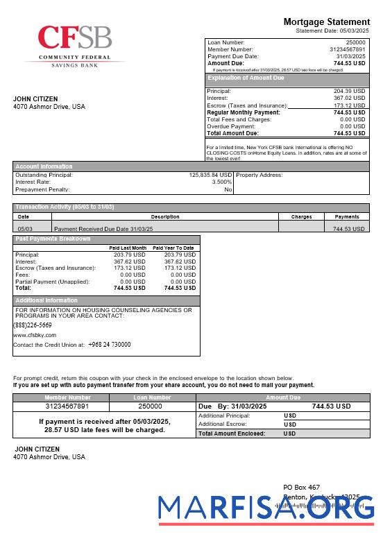 Downloadable USA New York CFSB bank mortgage statement in Word and PDF formats example